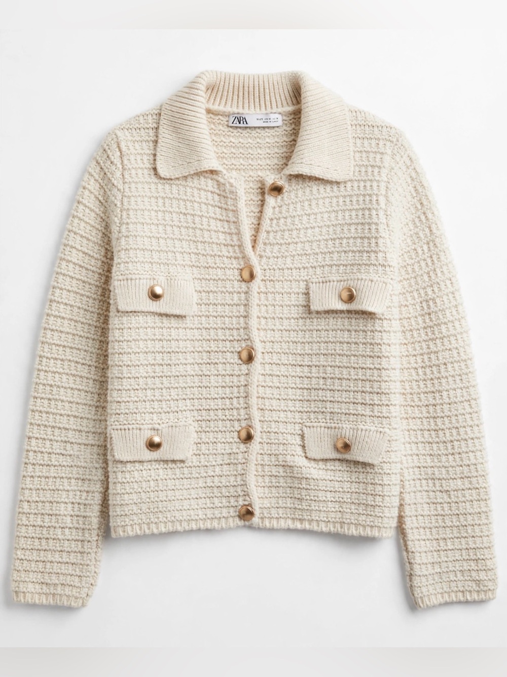 Zara Cream Textured Waffle-Knit Button Women’s Cardigan Size Medium